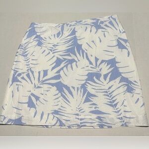 Talbots blue white tropical leaf print on cotton seersucker fabric skirt SZ 16
